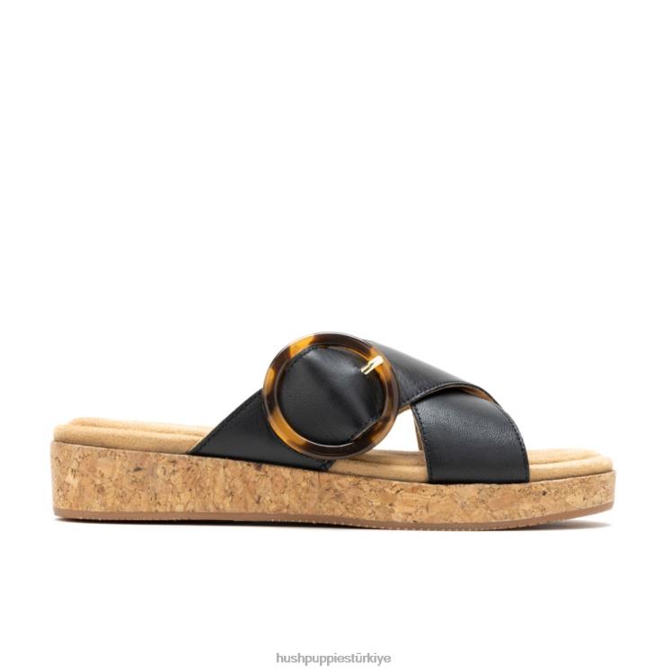 kadınlar koyu siyah deri Hush Puppies haziran tokalı terlik X268F1