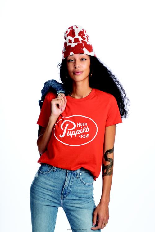 kadınlar yanmış portakal Hush Puppies retro komut dosyası grafik tee X268F240